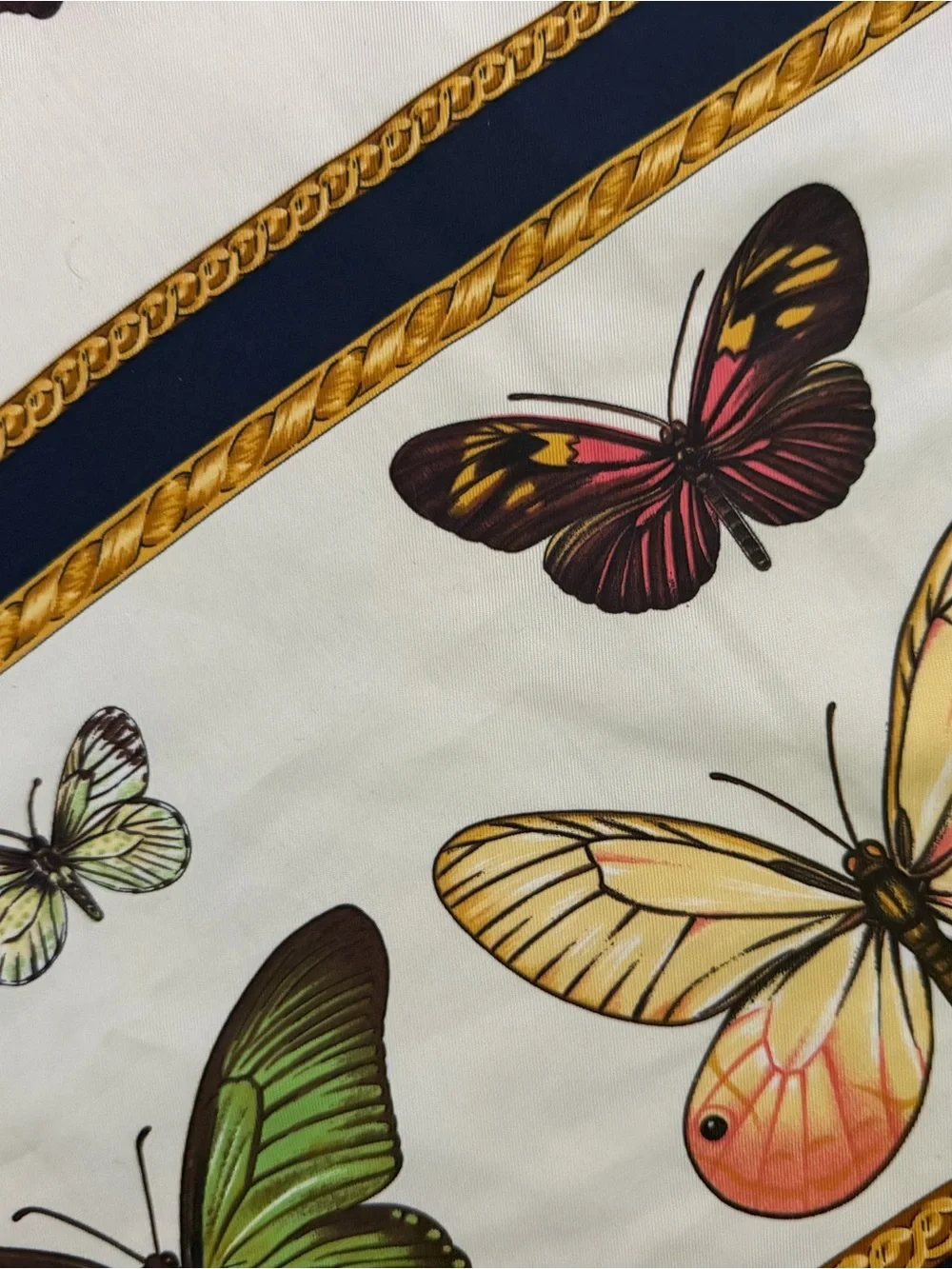 Butterfly Print Poly Scarf in Cream, Green & Purple